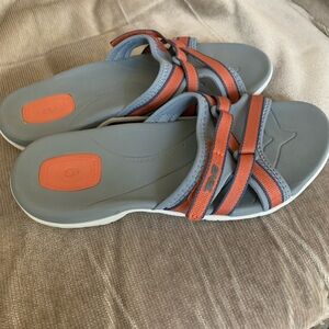 Teva Women's Blue and Coral Cross-Strap Slide Sandals